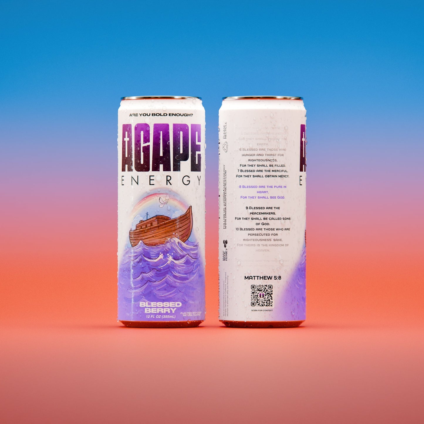 Two energy drink cans with a colorful gradient background