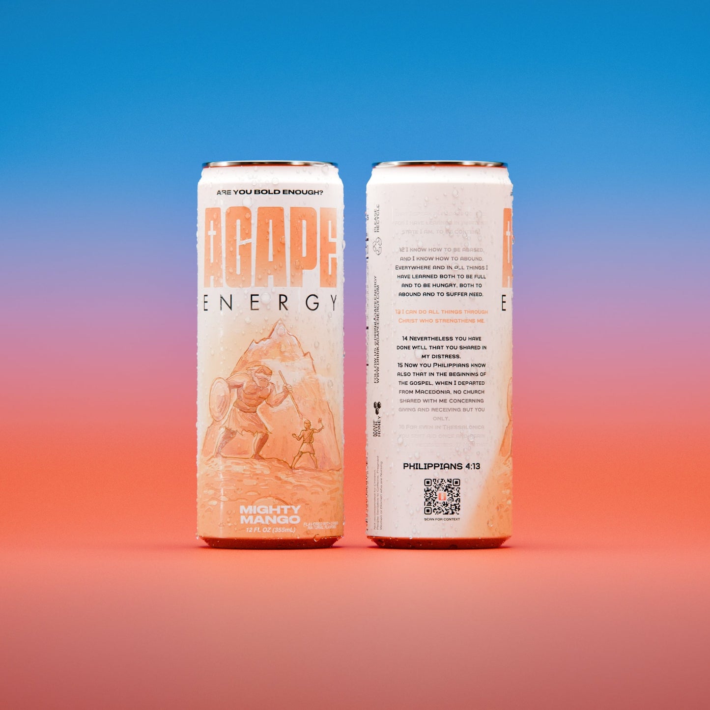 Two energy drink cans with a colorful gradient background