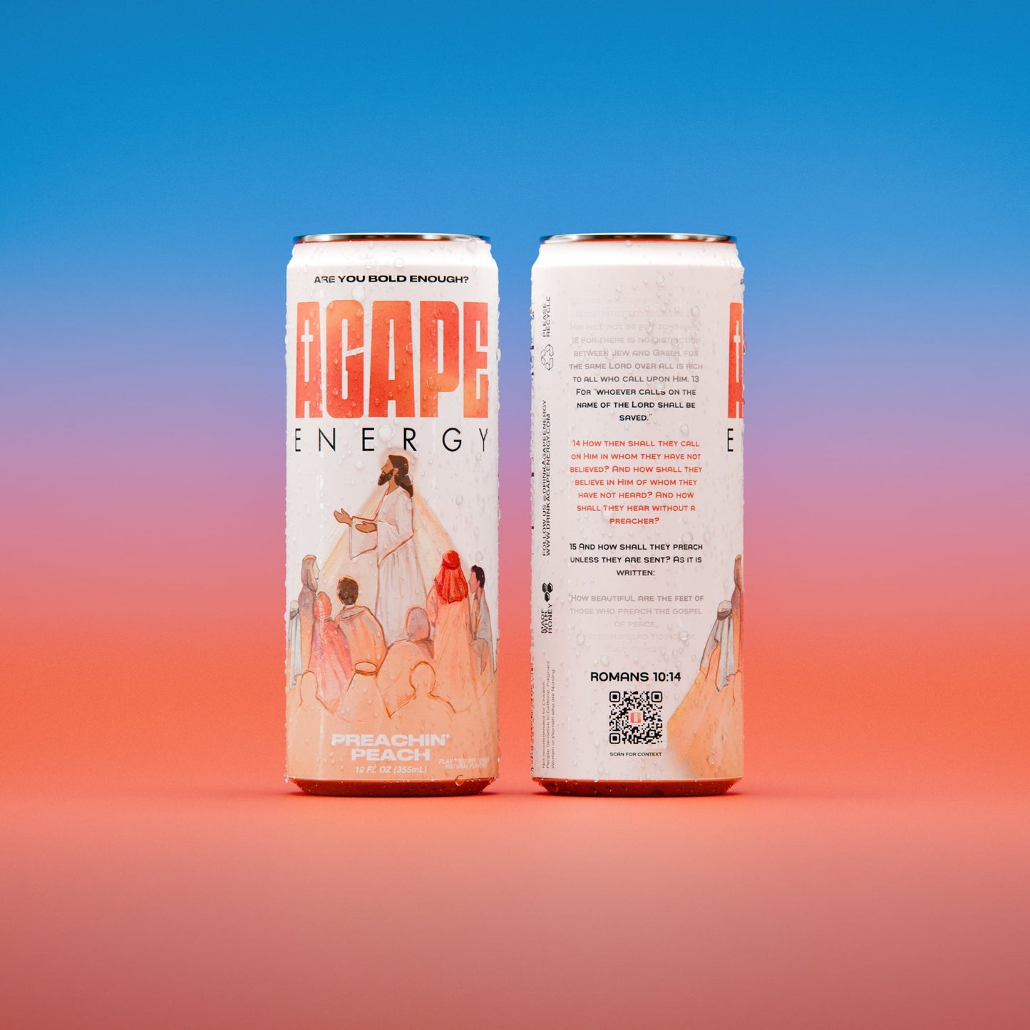 Two cans of AGAPE Energy drink on a gradient background
