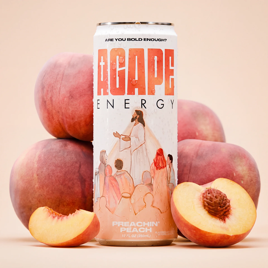 Preachin' Peach can surrounded by peaches