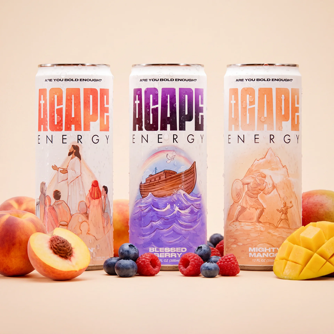 Agape Energy variety pack, three cans on the sunrise gradient